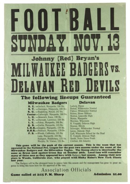 1927 (November 13) Johnny Red Bryans Milwaukee Badgers Delavan Red Devils 18" x 24" Paper Football Broadside
