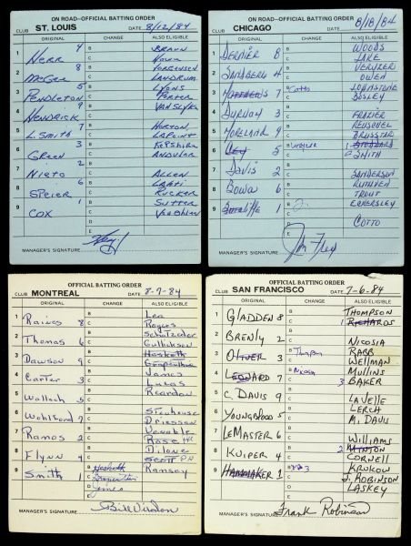 1984 Whitey Herzog Bill Virdon Jim Frey Signed Game Used Lineup Card Collection - Lot of 4 (JSA)