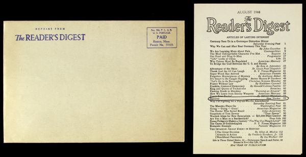 1944 (August) Readers Digest Reprint of "Survival" Article Detailing John F. Kennedys Heroism in in the Solomons w/ Kennedy for Congress Mailing Envelope - Lot of 2