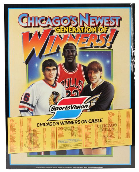 1985-86 Michael Jordan Ed Olczyk Karl Heinz Granitza Chicago Bulls Blackhawks Sting "Chicagos Newest Generation of Winners" 22" x 28" Schedule Poster