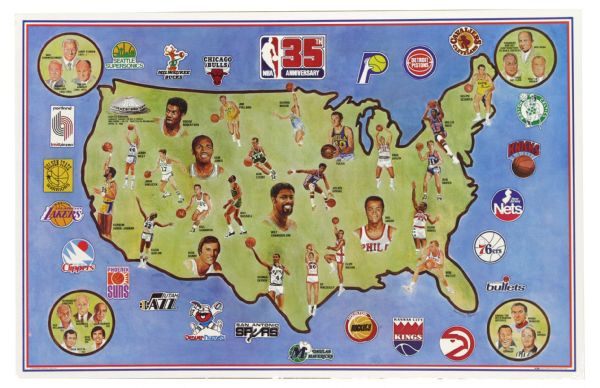 1980 NBA 35th Anniversary 23" x 35" Commemorative Poster w/ Wilt Chamberlain, Oscar Robertson, Bill Russell & More