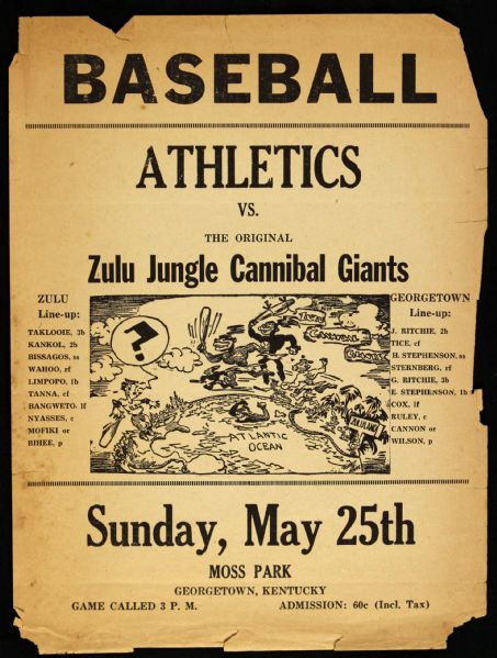 1941 Negro League Georgetown Athletic Zulu Jungle Cannibal Giants Moss Park 9" x 12" Paper Baseball Broadside