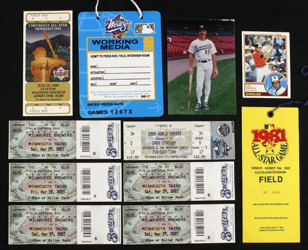 1981-2003 Baseball Memorabilia Collection - Lot of 11 w/ 1983 Cal Ripken Topps, World Series & All Star Tickets & On Field Passes