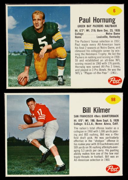 1962 Paul Hornung Bill Kilmer Green Bay Packers San Francisco 49ers Post Cereal 6.5" x 9" Oversized Trading Cards - Lot of 2