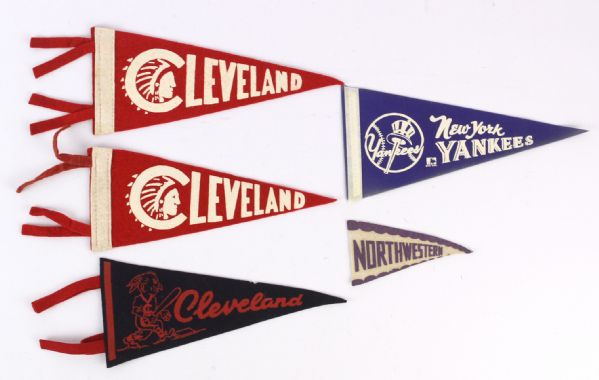 1940s-60s Cleveland Indians New York Yankees Northwestern Mini Pennant Collection - Lot of 5