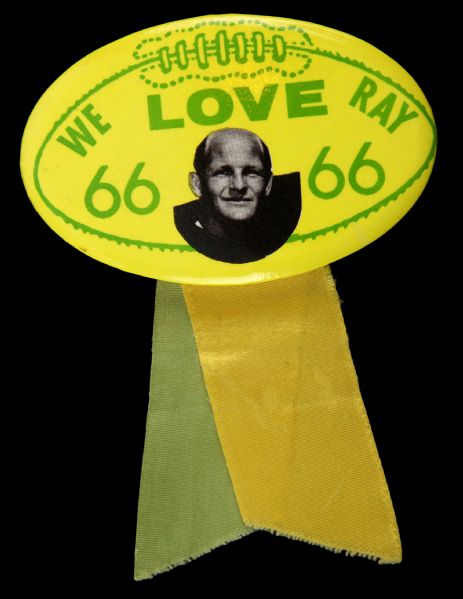 1960s Ray Nitschke Green Bay Packers "We Love Ray" 1.75" x 3" Pinback Button w/ Green & Gold Ribbons 