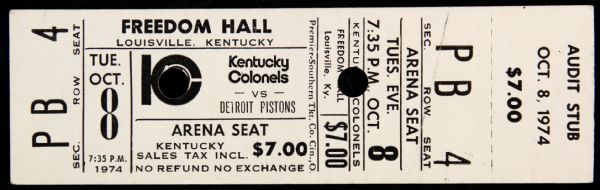 1974 (October 8) Kentucky Colonels Detroit Pistons Freedom Hall ABA Ticket