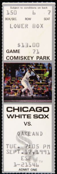 1991 (September 17) Bo Jackson Chicago White Sox First Home Run Oakland Athletics Comiskey Park Ticket Stub
