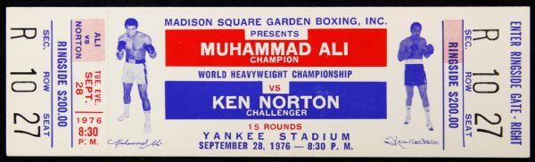 1976 (September 28) Muhammad Ali Ken Norton Yankee Stadium Heavyweight Title Fight Ringside Ticket