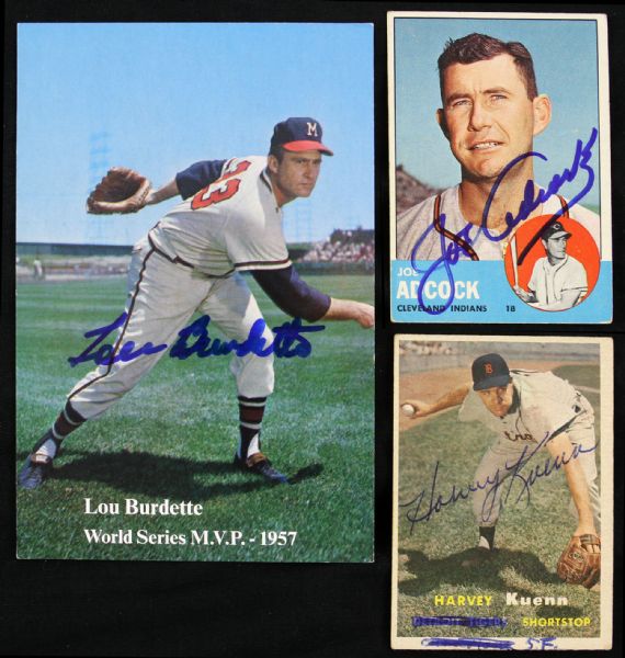 1957-63 Milwaukee Braves Detroit Tigers Harvey Kuenn Joe Adcock Lew Burdette Signed Card Collection - Lot of 3 (JSA)