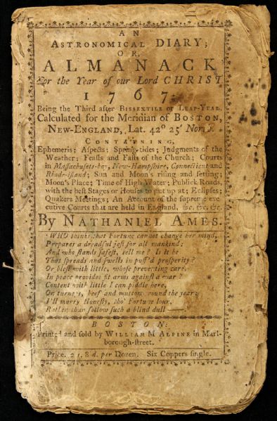 1767 Almanac Published In Boston by Nathaniel Ames 