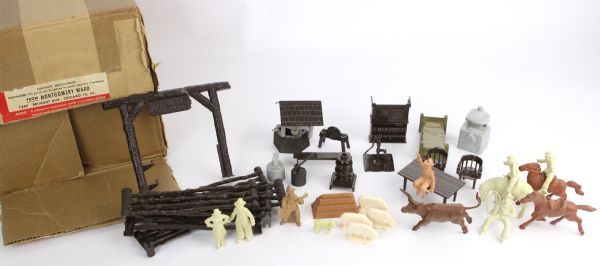 1950s circa Old West Ranch Toy Set w/ Postmarked Montgomery Ward Shipping Box - Lot of 50+