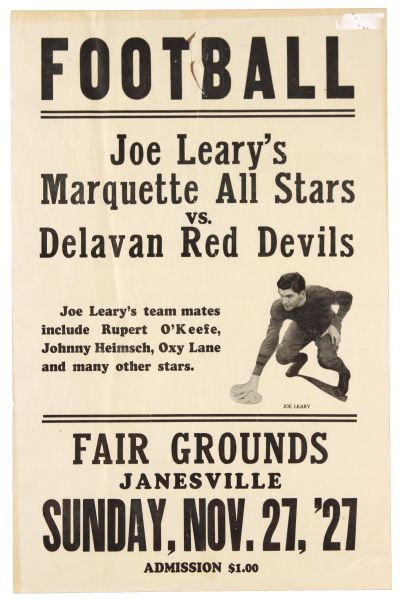 1927 (November 27) Joe Learys Marquette All Stars Delavan Red Devils Janesville Fair Grounds 12" x 18" Paper Football Broadside