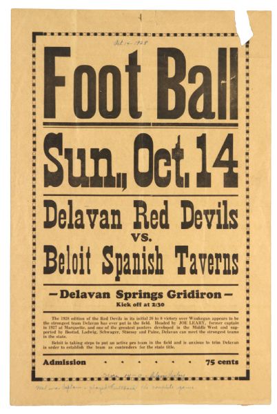 1928 (October 14) Delavan Red Devils Beloit Spanish Taverns Delavan Springs Gridiron 12" x 18" Paper Football Broadside