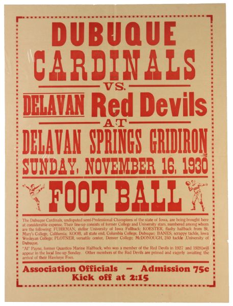 1930 (November 16) Dubuque Cardinals Delavan Red Devils Delavan Springs Gridiron 18" x 24" Paper Football Broadside 