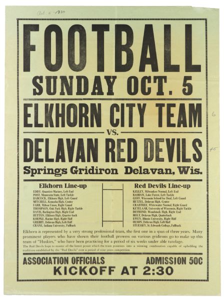 1930 (October 5) Elkhorn City Team Delavan Red Devils Delavan Springs Gridiron 18" x 24" Paper Football Broadside 