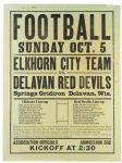 1930 (October 5) Elkhorn City Team Delavan Red Devils Delavan Springs Gridiron 18" x 24" Paper Football Broadside 