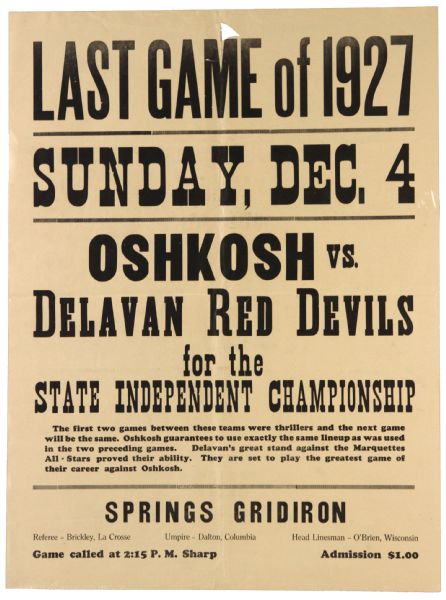 1927 (December 4) Oshkosh Delavan Red Devils Delavan Springs Gridiron State Independent Championship 18" x 24" Paper Football Broadside