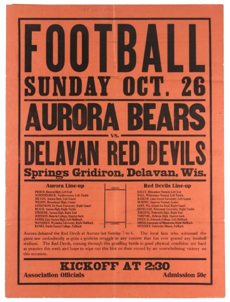 1930 (October 26) Aurora Bears Delavan Red Devils Delavan Springs Gridiron 18" x 24" Paper Football Broadside