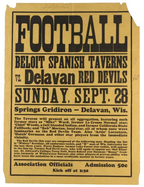 1930 (September 28) Beloit Spanish Taverns Delavan Red Devils Delavan Springs Gridiron 18" x 24" Paper Football Broadside