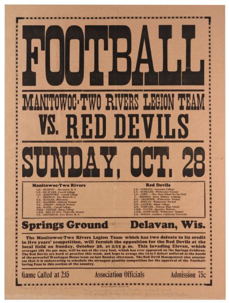1928 (October 28) Manitowoc Two Rivers Legion Team Delavan Red Devils Delavan Springs Ground 18" x 24" Paper Football Broadside