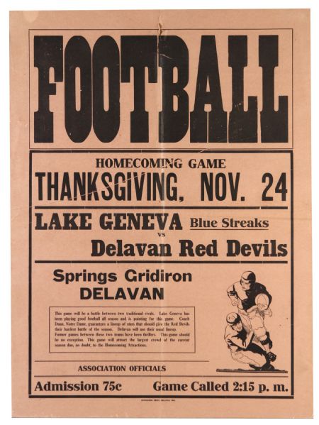 1927 (November 24) Lake Geneva Blue Streaks Delavan Red Devils Delavan Springs Gridiron 18" x 24" Paper Football Broadside 