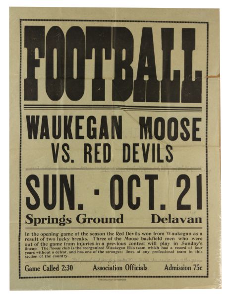 1928 (October 21) Waukegan Moose Delavan Red Devils Delavan Springs Ground 18" x 24" Paper Football Broadside