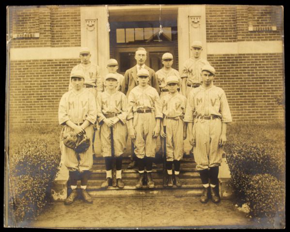 1920s MV Youth Baseball Team in Flannel Uniforms 8x10 Vintage Photo on Mount