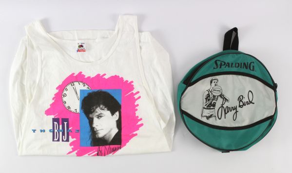 1984 circa Larry Bird Boston Celtics Backpack 23" x 45" Boston Celtics 1984 World Champs Rug & BJ Thomas Signed Tank Top - Lot of 3