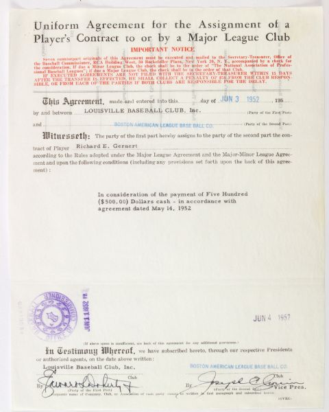 1952 Richard Gernert of the Louisville Baseball Club Uniform Agreement Players Contract signed by Joe Cronin (JSA)