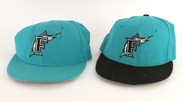 1994-96 Florida Marlins Cap Collection - Lot of 2 w/ 1 Signed by Jeff Conine (MEARS LOA/JSA)