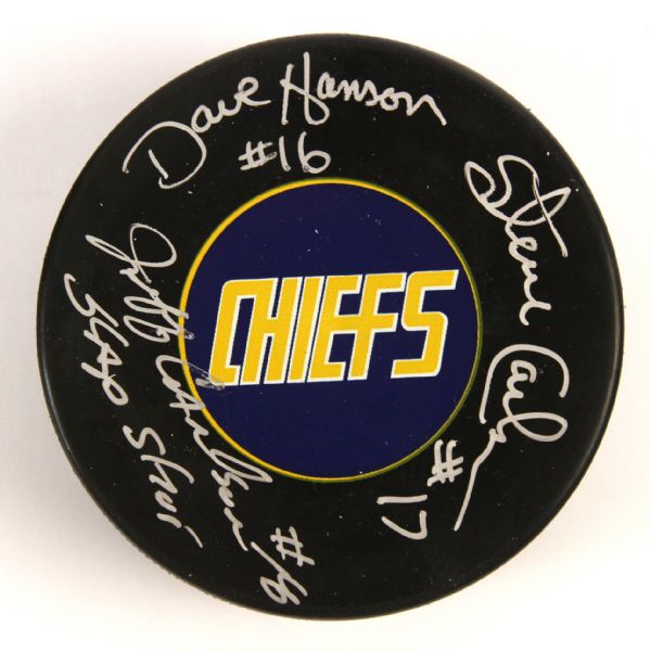 2000s Hanson Brothers Slapshot Signed Hockey Puck (JSA)