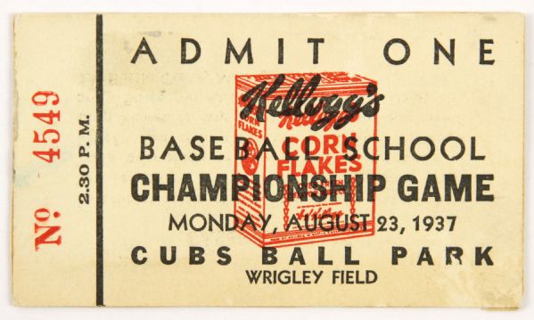 1937 (August 23) Wrigley Field Baseball School Championship Game Ticket Stub