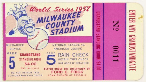 1957 Milwaukee Braves New York Yankees County Stadium World Series Game 5 Ticket Stub