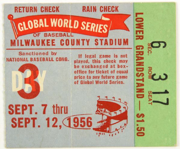 1956 Global World Series of Baseball Milwaukee County Stadium Rain Check