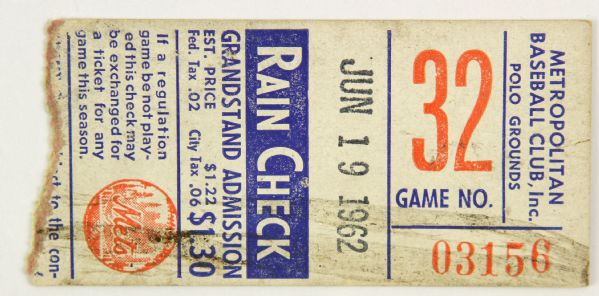 1962 (June 19) New York Mets Chicago Cubs Polo Grounds Inauguaral Season Ticket Stub