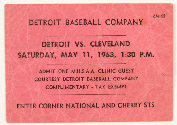 1963 (May 11) Detroit Tigers Cleveland Indians Tiger Stadium Ticket
