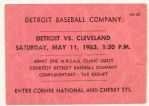 1963 (May 11) Detroit Tigers Cleveland Indians Tiger Stadium Ticket