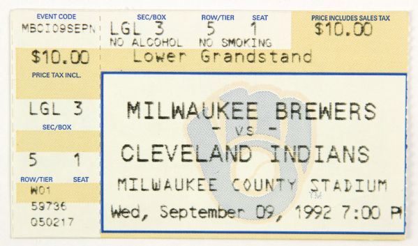 1992 (September 9) Robin Yount Milwaukee Brewers 3,000th Career Hit Ticket Stub