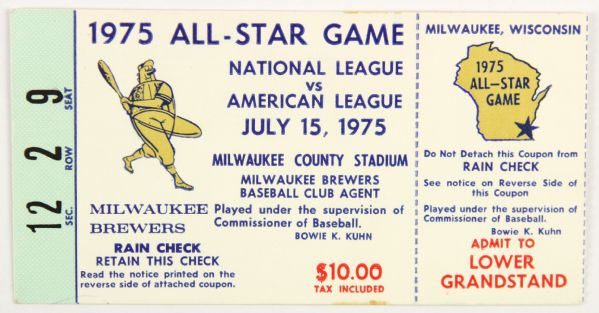 1975 MLB All Star Game Milwaukee County Stadium Ticket Stub