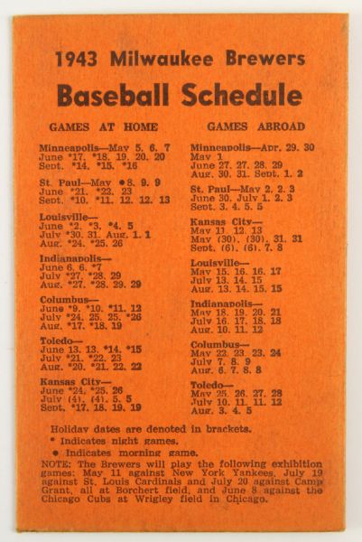 1943 Milwaukee Brewers American Association Pocket Schedule Envelope