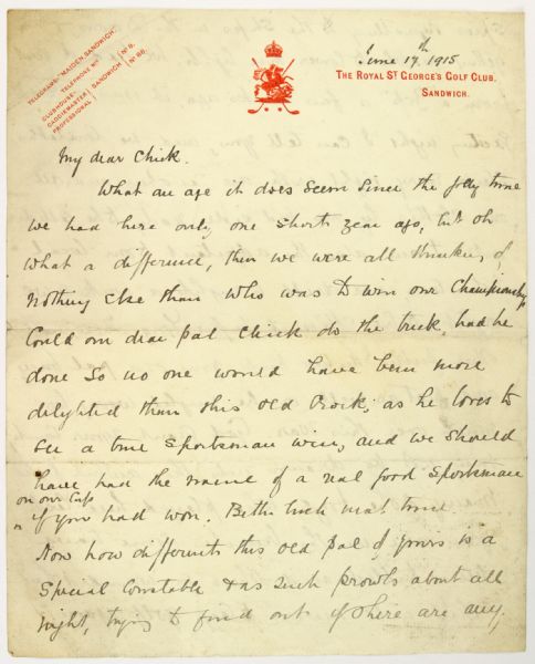 1915 (June 17) WW1 Correspondence on The Royal St. Georges Golf Club Letterhead