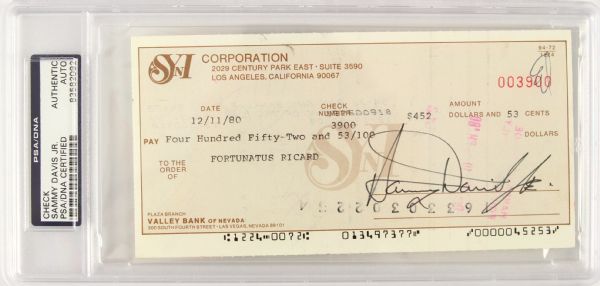 1980 Sammy Davis Jr. The Rat Pack Signed Check (PSA/DNA Slabbed)