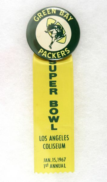 1967 (January 15th) Rare Inaugural Onsite Green Bay Packers Super Bowl One 2 ½” Celluloid Pinback Button W/ Printed Ribbon (Paul Muchinsky Collection)