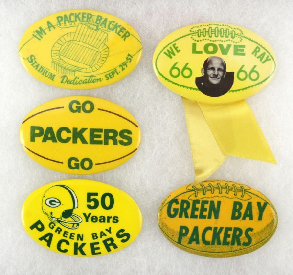 1957- 71 Green Bay Packers 2 ¾” Oval Celluloid Pinback Button Collection (5) Including September 29th, 1957 Stadium Dedication (Paul Muchinsky Collection)