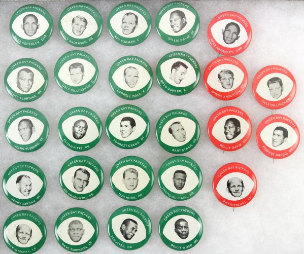1969 Drenks Potato Chips Green Bay Packers Complete Set 1” litho pinback buttons (20) + Red Variation Complete Set (6) “Paul Muchinsky Collection”