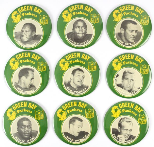 1965-67 circa EXTREMELEY RARE Asco 6” JUMBO Green Bay Packers Celluloid Player Photo Pinback Button (9) Collection w/ Bart Starr, Jim Taylor, Paul Hornung, etc. (Paul Muchinsky Collection)