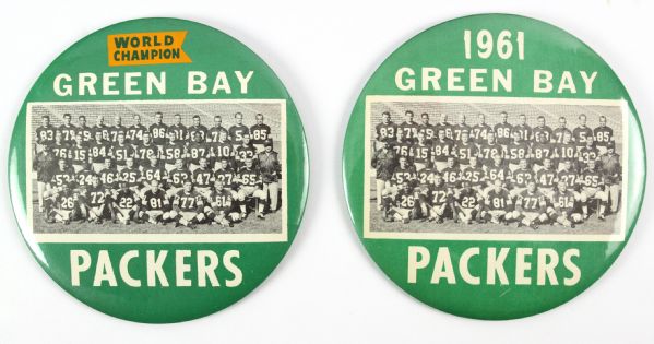 1961 JUMBO 6” Green Bay Packers Celluloid Team Photo Button (2) W/ Original ASCO Labels On Reverse “Collection of Paul Muchinsky”