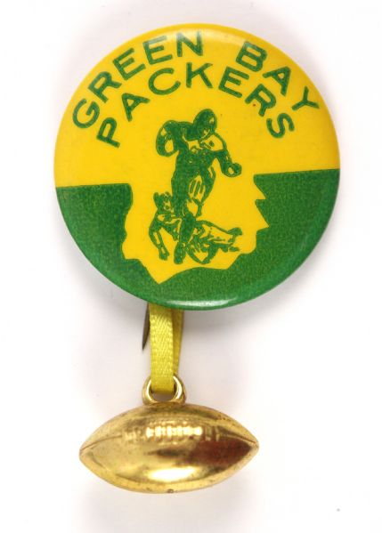 1940s Green Bay Packers HTF Design 1 ¾” Celluloid Pinback Button W/ Ribbon & Football Charm (Paul Muchinsky Collection)