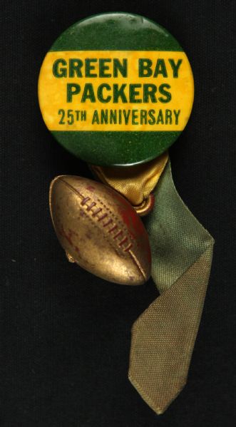 1946 25th Anniversary Marquee Green Bay Packers 1 ¼” Celluloid Pinback Button W/ Ribbon & Football Charm (Paul Muchinsky Collection) “Possibly Only Known Example”